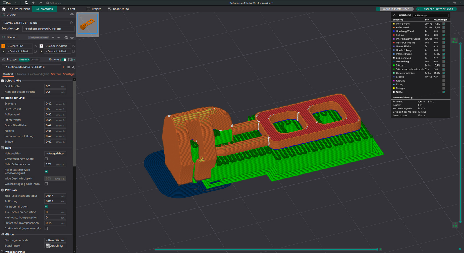 PW3d: 3d-gedruckter Reißverschluss mit Supports in Orca Slicer